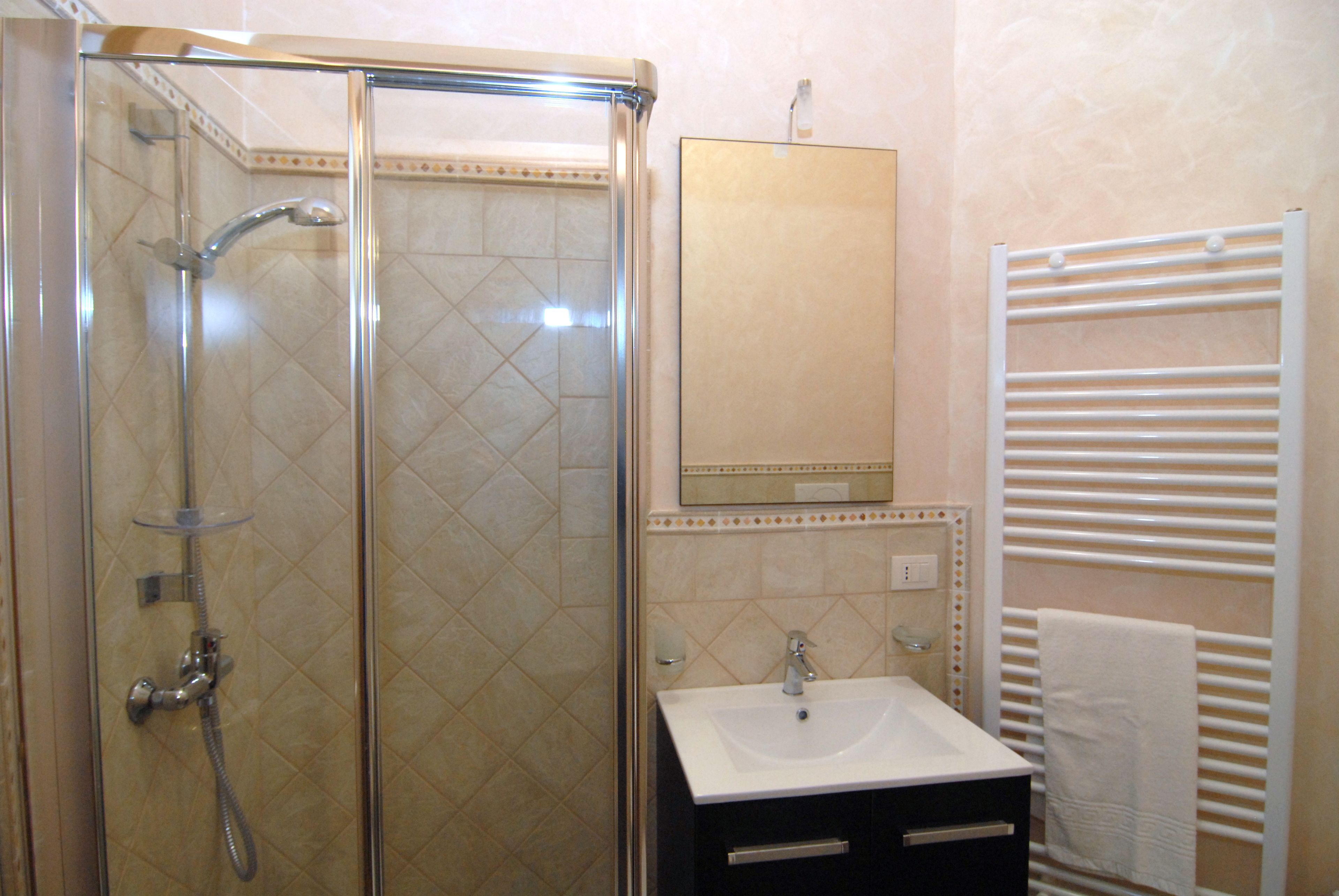 Un baño con ducha compartimentada con vidrio, un lavamanos y un perchero para toallas.