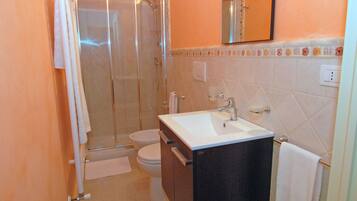 Een badkamer met een glazen douchecabine, een wit toilet, een wastafel met spiegel erboven en een handdoekhouder.
