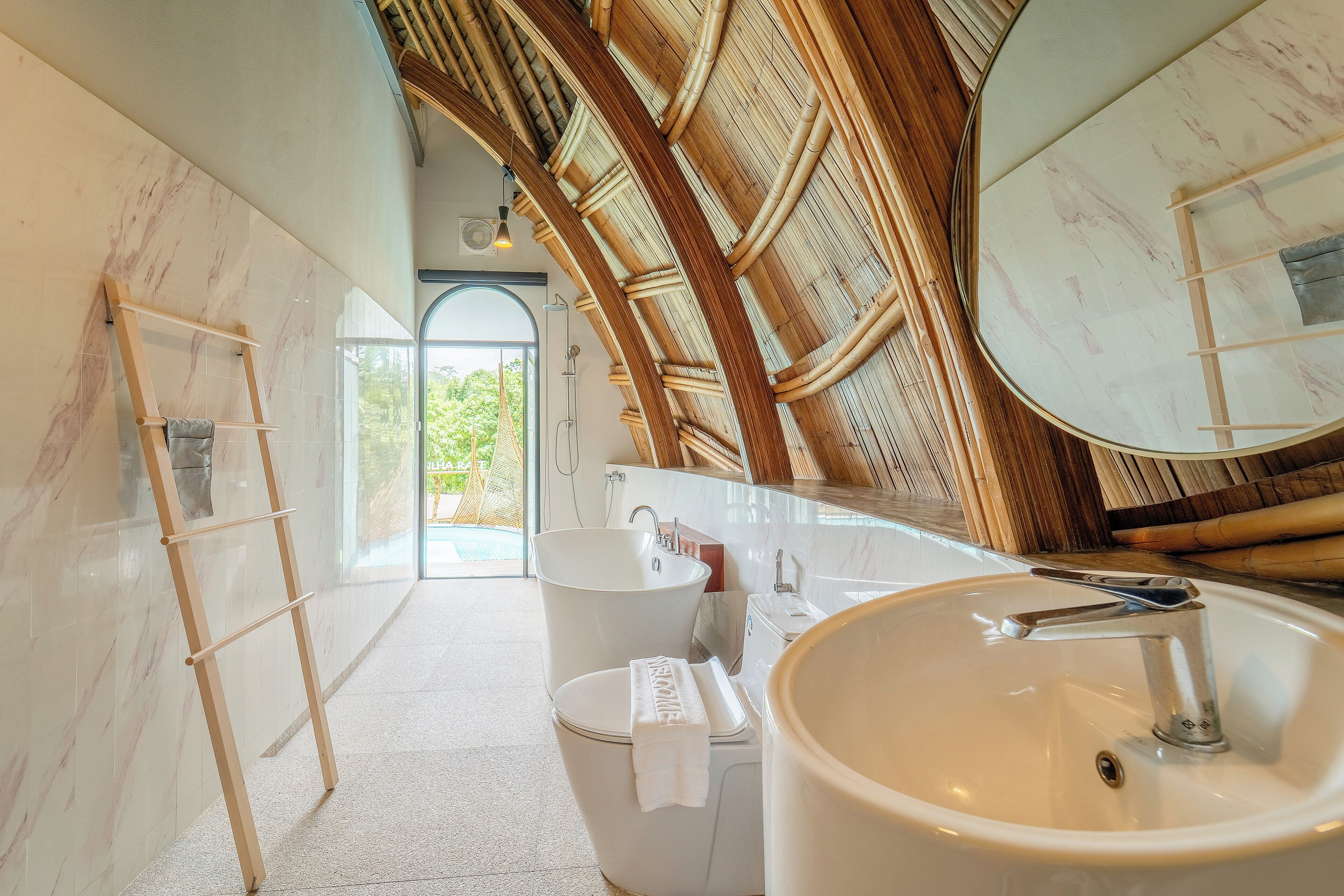 bamboo pool villa | bathroom | separate bathtub and shower, rainfall showerhead, free toiletries