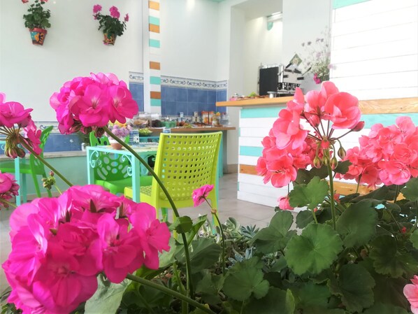 Ett väl upplyst inomhusutrymme med ett köksområde, ett matbord med stolar och krukväxter med rosa blommor.