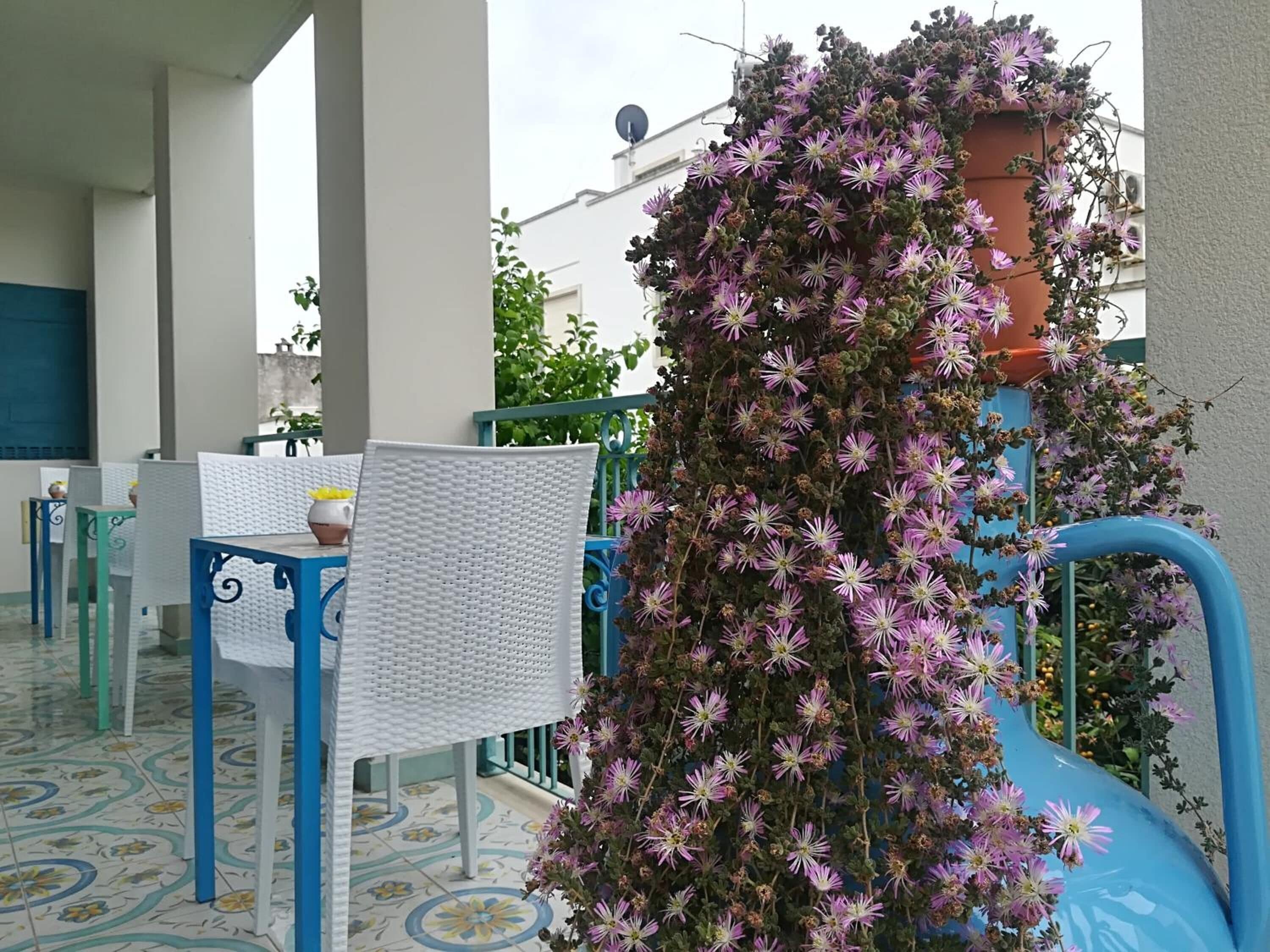 Una terraza con mesas al aire libre y una pared cubierta de flores.