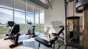 Un gimnasio con máquinas de cardio, una prensa de banca y una estructura para sentadillas, con amplias ventanas que ofrecen vistas al verdor.