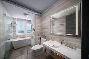 Premier Room, 3 Bedrooms, Sea View | Bathroom | Separate tub and shower, deep soaking tub, rainfall showerhead