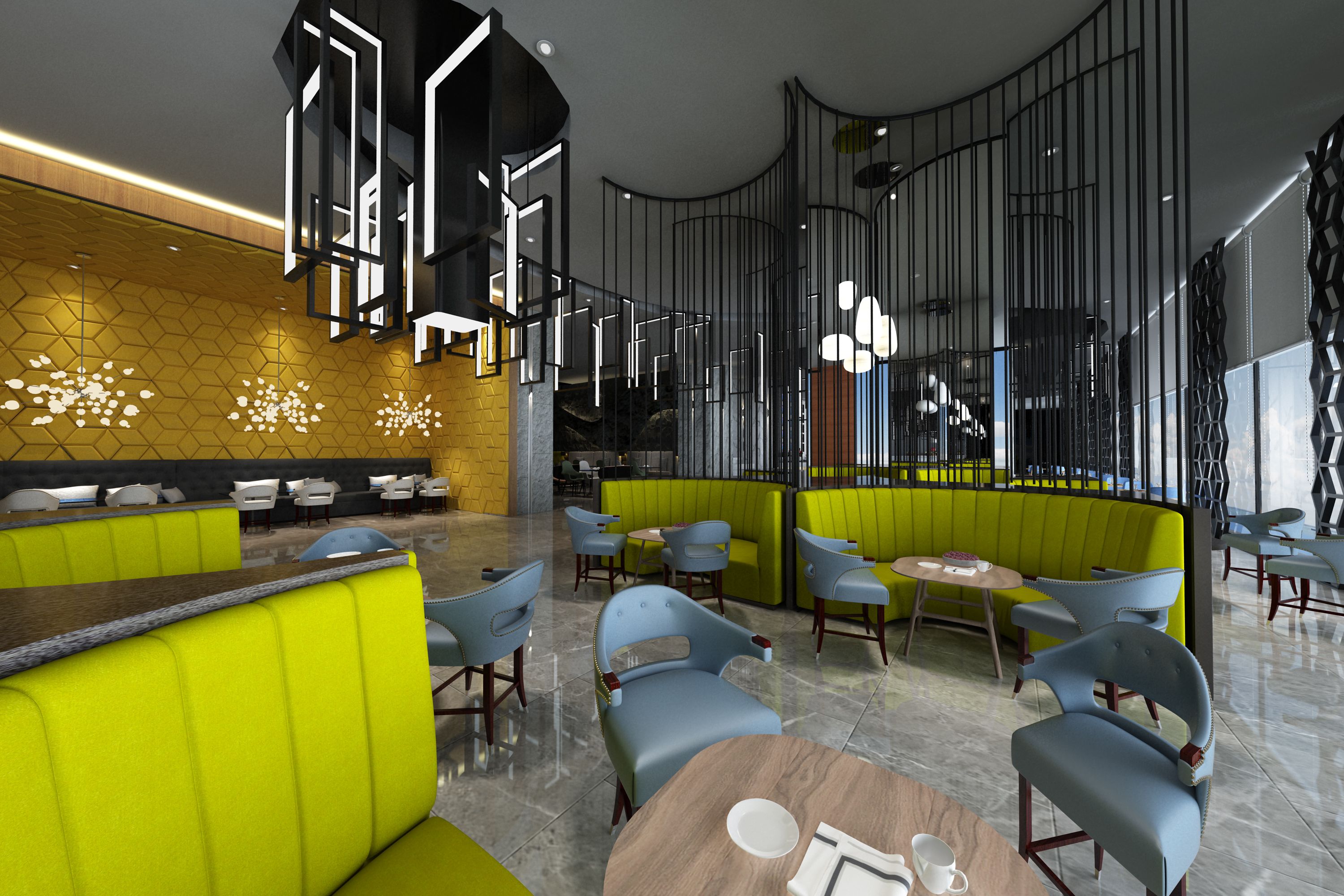 Un interior de restaurante moderno con asientos verdes tipo banqueta, sillas azules y una zona de comedor central.