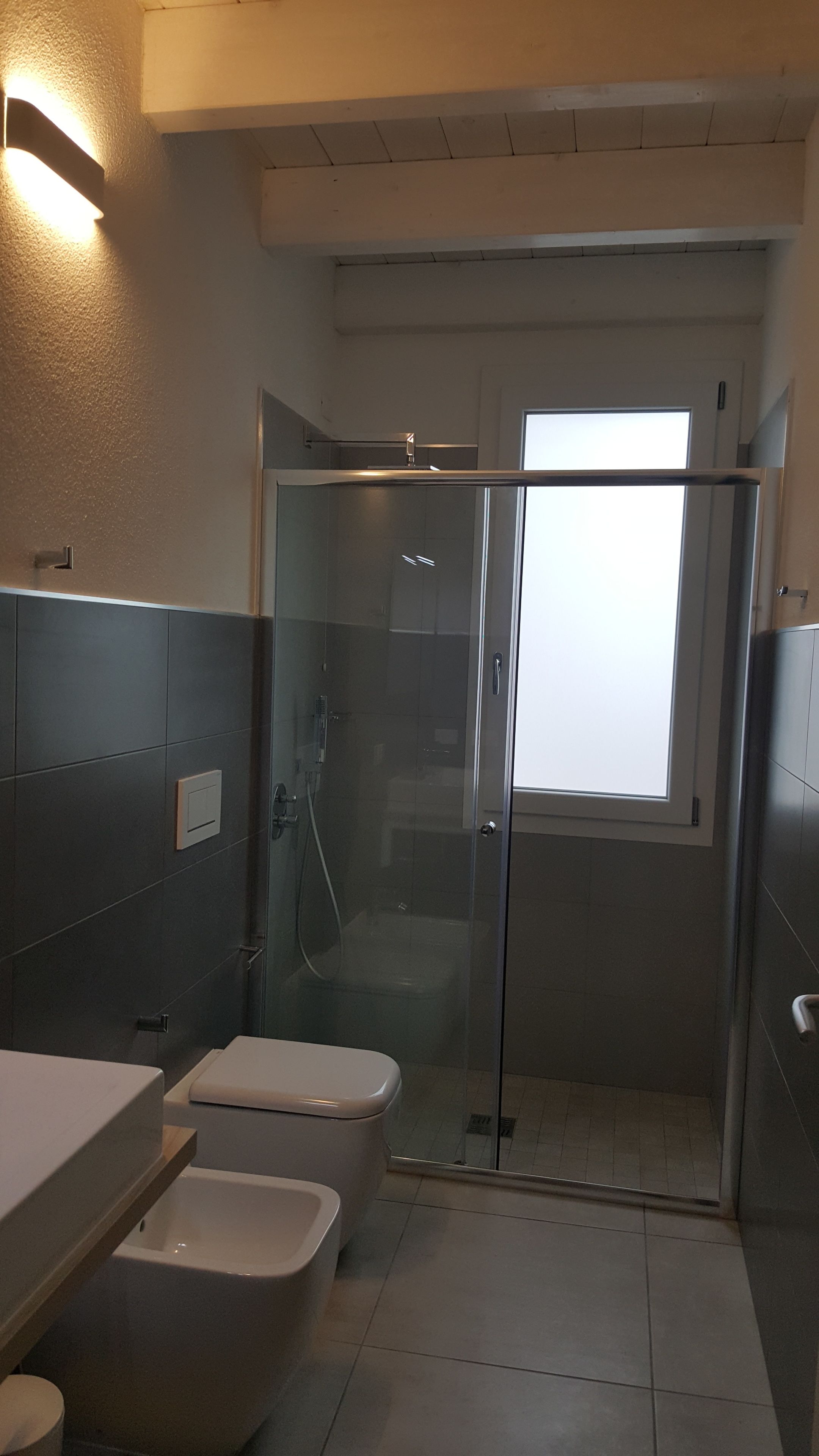 A modern bathroom with a glass shower enclosure, a toilet, and a sink.