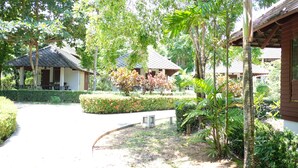 A pathway leading to a building with a tiled roof, surrounded by lush greenery and a well-maintained hedge.