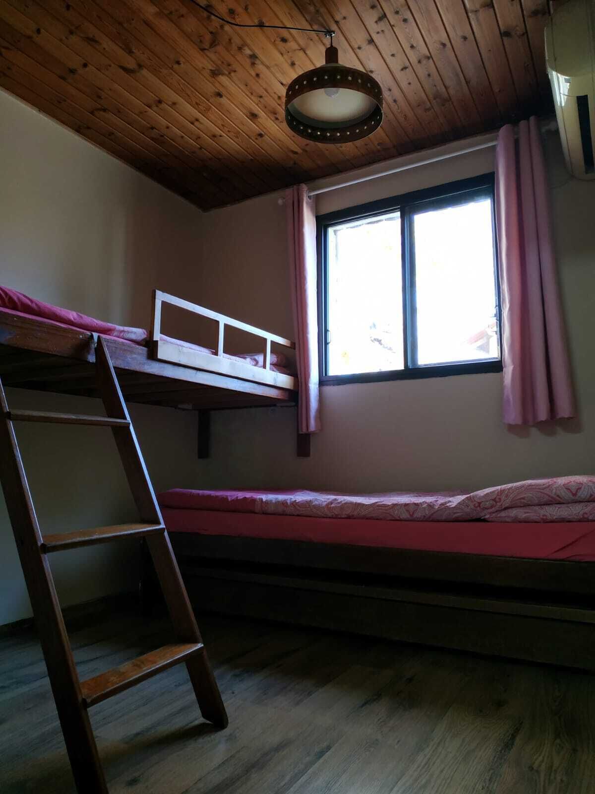 A room with a bunk bed, a ladder, a window with curtains, and a wooden ceiling.