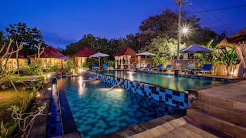 2 outdoor pools, pool umbrellas, pool loungers