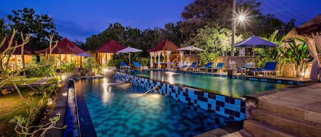 2 outdoor pools, pool umbrellas, pool loungers