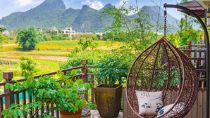 Terraza de madera con una silla colgante, plantas en macetas y vista a un paisaje montañoso.