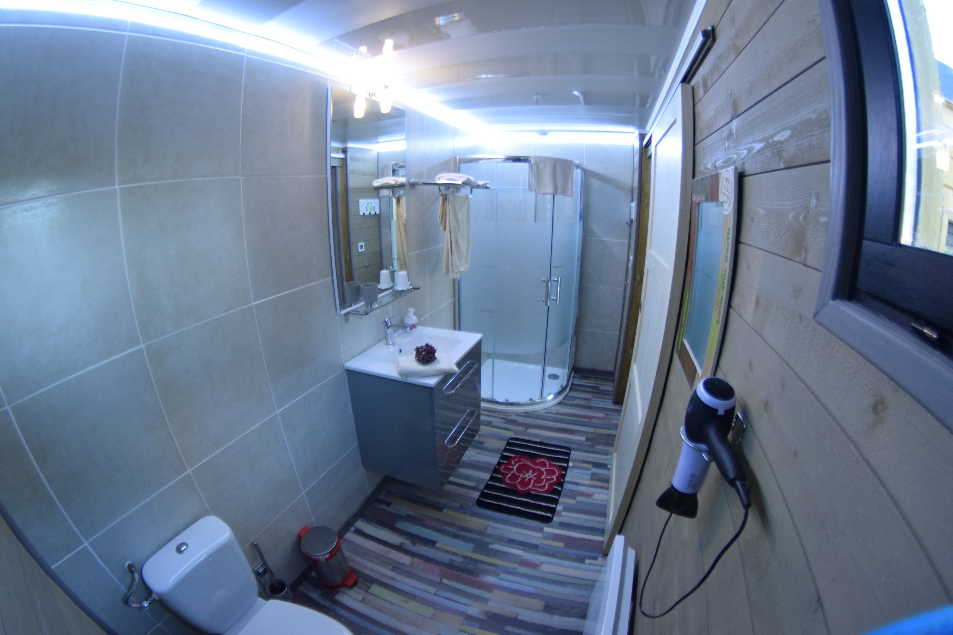 Een kleine badkamer met toilet, wastafel en douche.