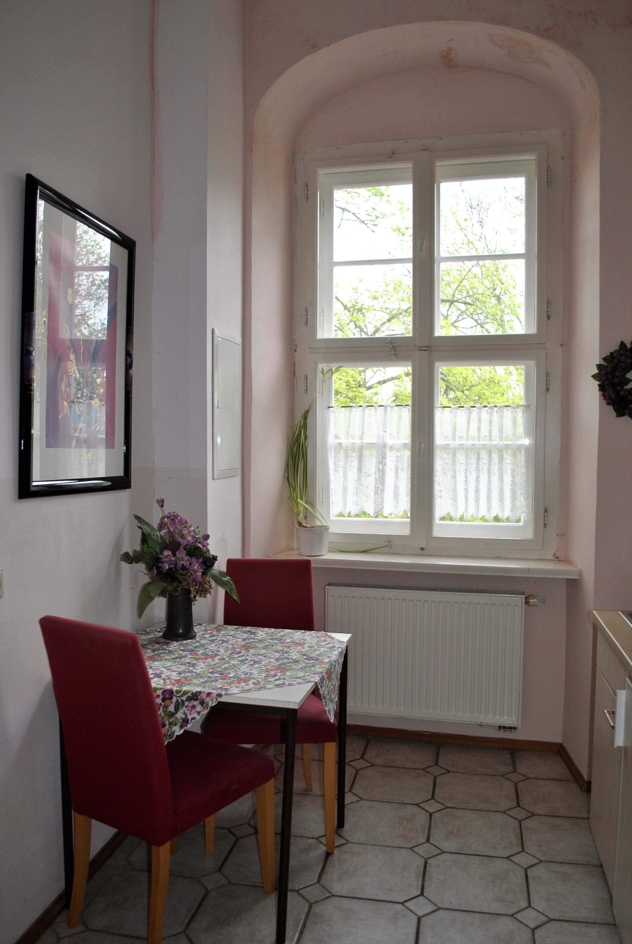 A dining area with a table and chairs, a window with a view of greenery, and a radiator below the window.