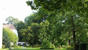 A well-maintained garden with a lawn, a circular hedge, and a white building with a red roof. - Schloss Triestewitz (Arzberg)
