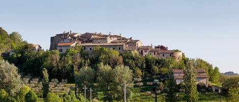 Villa en una ladera con varias construcciones, rodeada de exuberante vegetación y un viñedo.