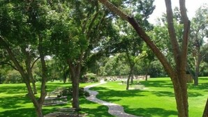 A park with a winding path, benches, and trees.