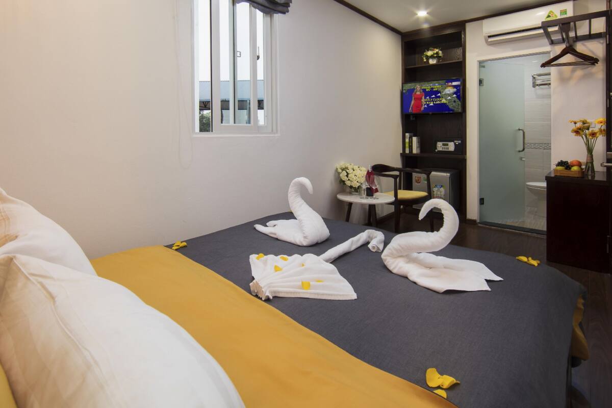 Habitación de hotel con cama, almohadas, televisor, una mesita con un florero y zona de ducha.