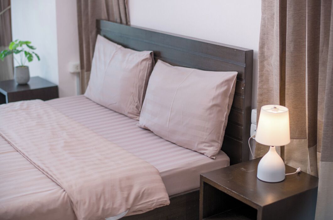 A neatly made bed with a striped blanket and two pillows, a bedside lamp, and a small table with a plant.