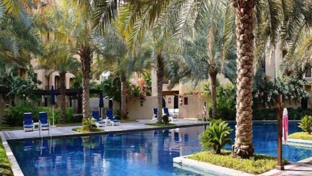 A swimming pool with lounge chairs and palm trees. - Piks Key - Miska 3 (Dubai)