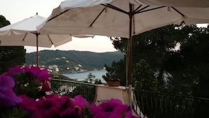 Ein Balkon mit weißen Sonnenschirmen, einer Brüstung und violetten Blumen.