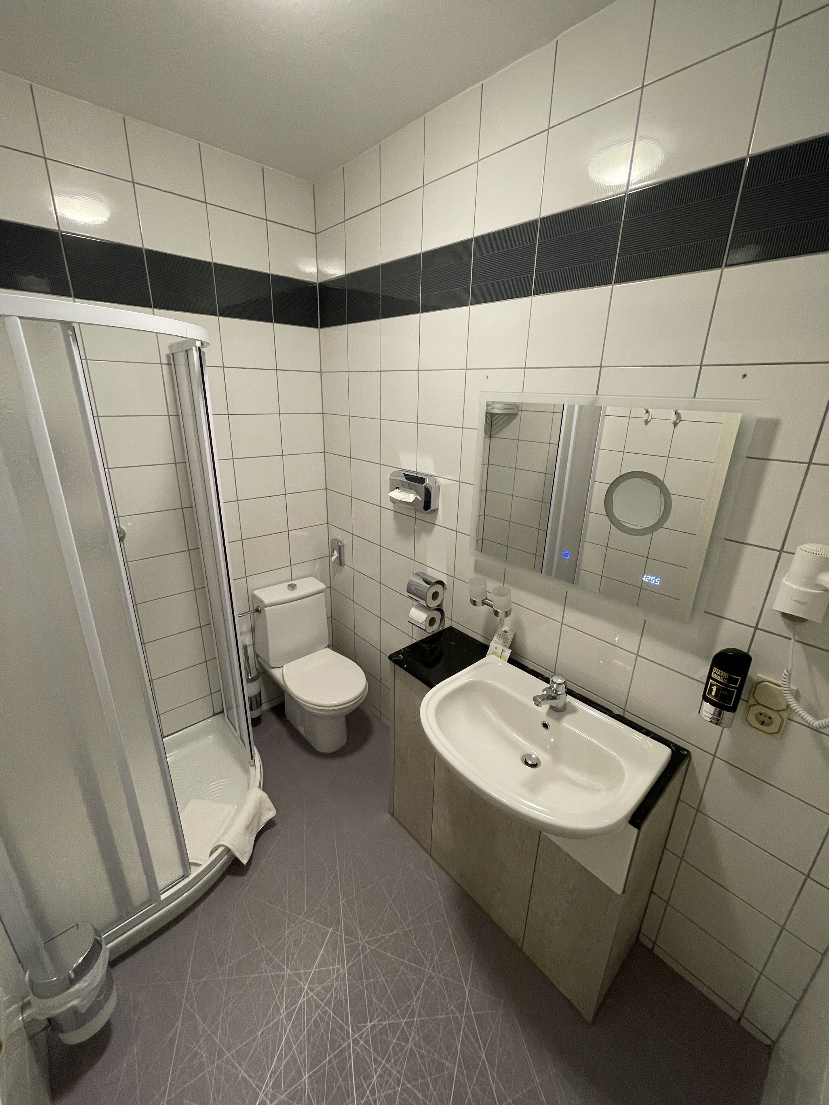 A modern bathroom with a glass shower enclosure, a toilet, and a sink with a mirror above it.