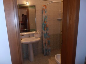 Shower, free toiletries, bidet, towels