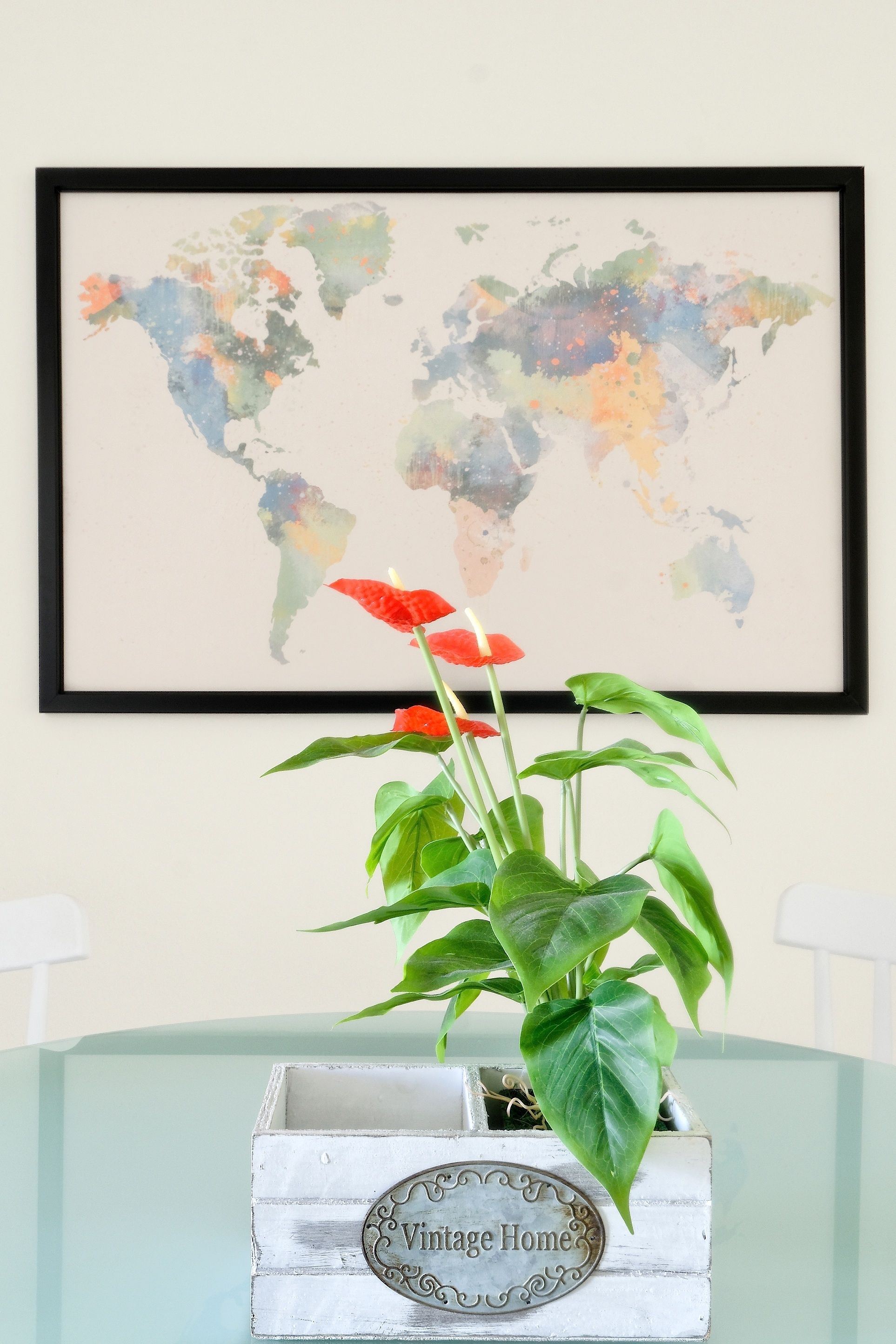 A framed world map on a wall, a potted plant with red flowers, and a vintage-style sign on a table.