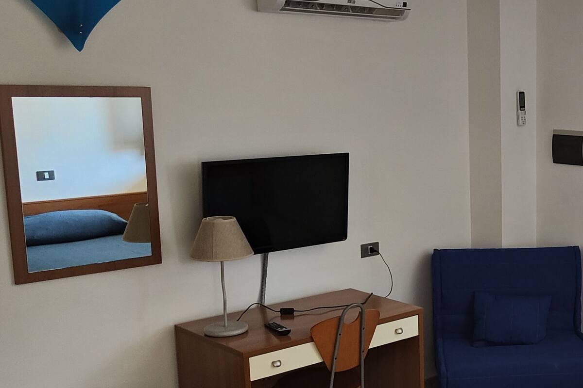Habitación de hotel con escritorio de madera, una silla, televisor, cama y espejo.