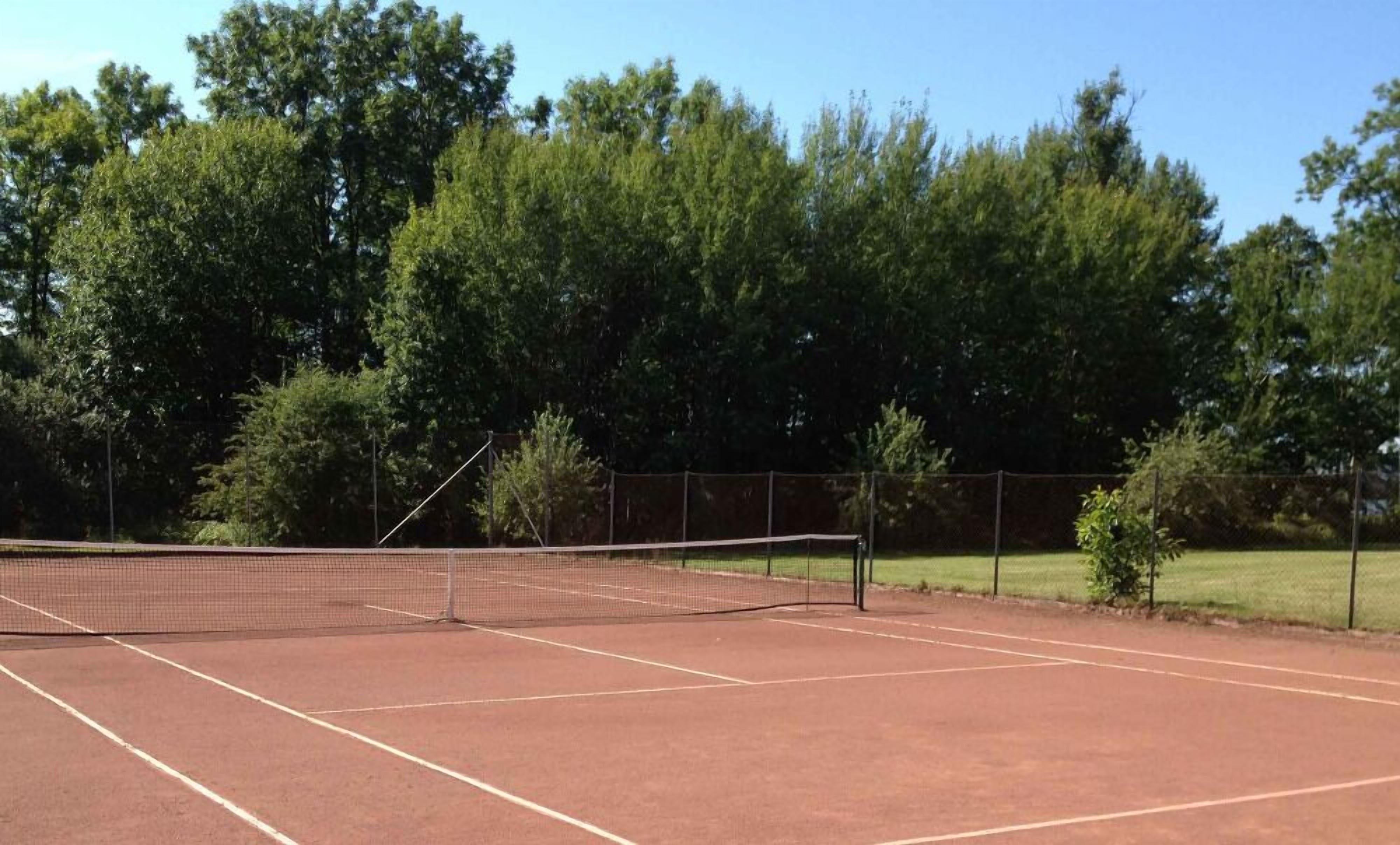 Un campo da tennis con una rete, circondato da alberi e una recinzione.