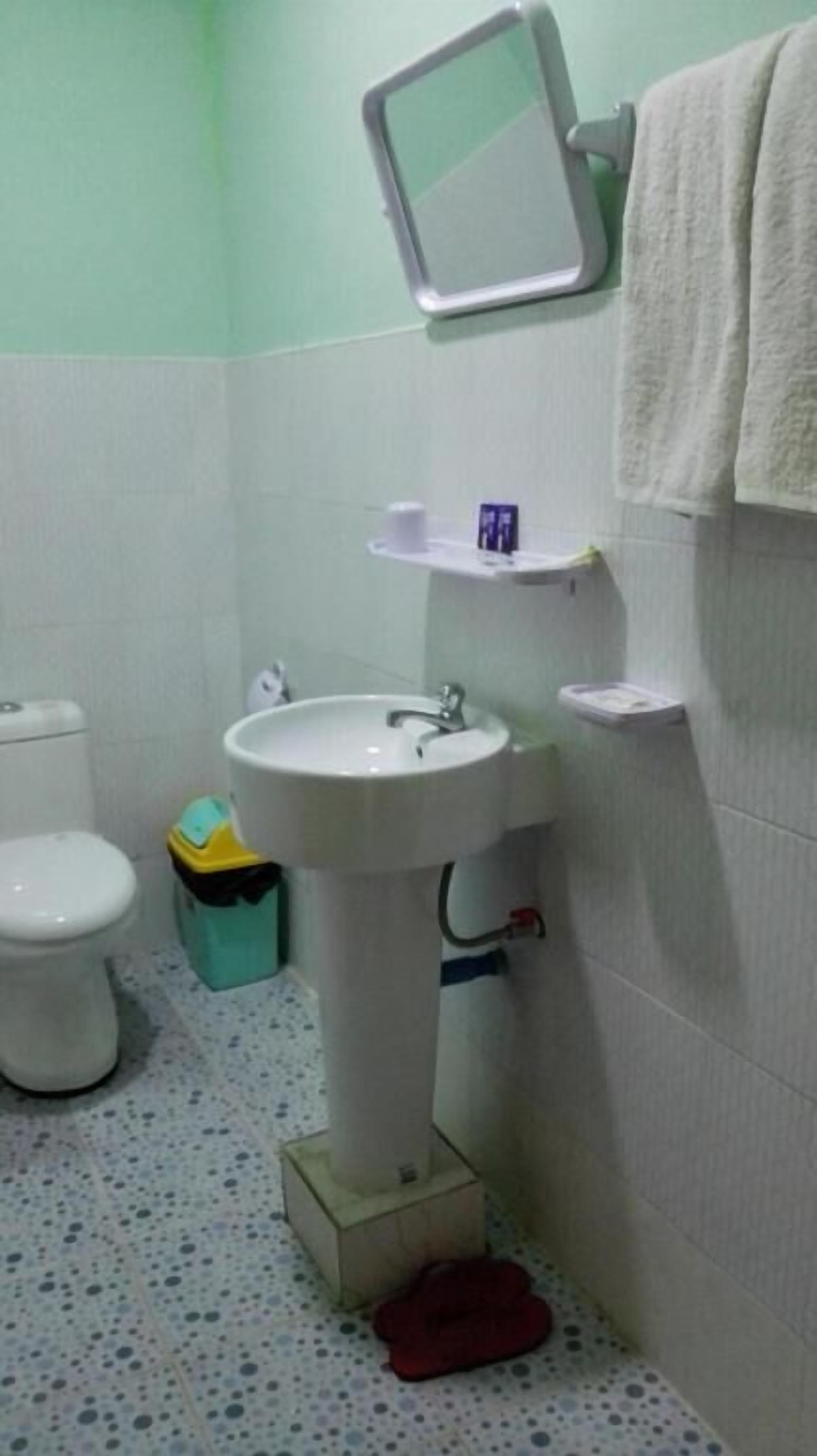 Un bany amb un lavabo blanc, vàter i un mirall sobre el lavabo. Hi ha una tovallola penjant a la paret i un cendrer a terra.