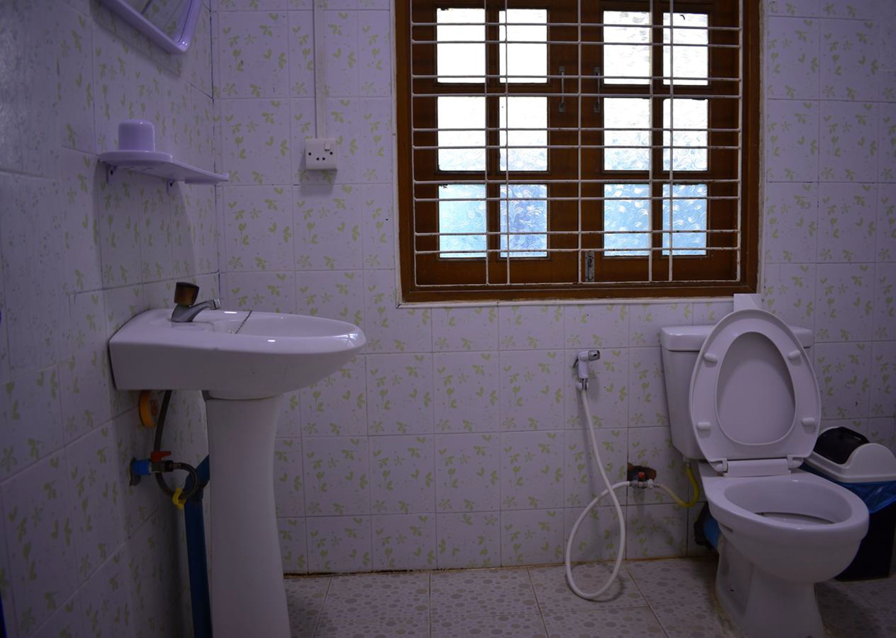 A bathroom with a pedestal sink, toilet, and window with bars.