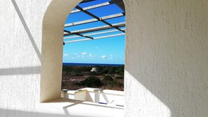 A view through a white arched window with a metal roof, overlooking a landscape with greenery and a distant body of water. - Residence Giglio Torre Pali (Salve)