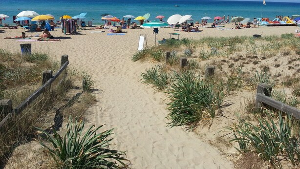 A sandy beach with a wooden fence, beach umbrellas, and people relaxing. - Residence Giglio Torre Pali (Salve)