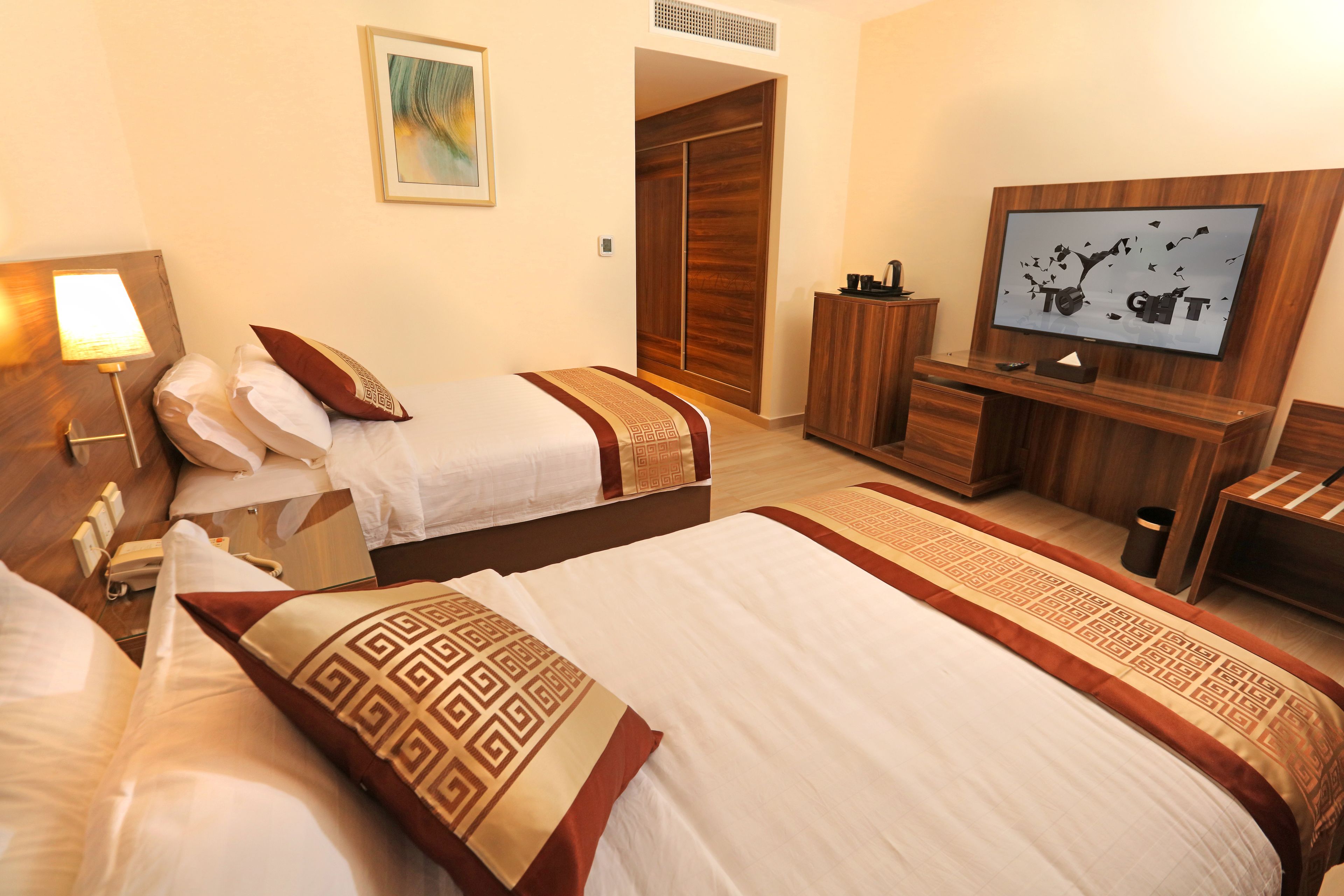 standard twin room, 2 bedrooms, refrigerator, corner | in-room safe, desk, soundproofing, iron/ironing board