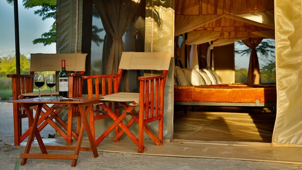 A wooden table with two glasses and a bottle, a bed with a canopy, and a view of trees.