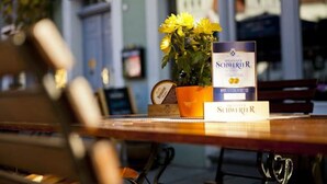 A table with a book titled "SCHWIERR" and a potted plant with yellow flowers.