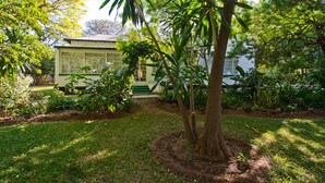 Um jardim exuberante com diversas plantas tropicais e um edifício com janelas amplas e telhado verde.