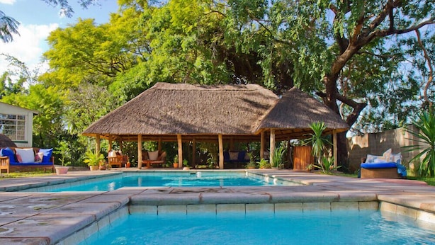 Piscina com um pavilhão de palha, rodeada por vegetação exuberante e um pequeno edifício com janela.