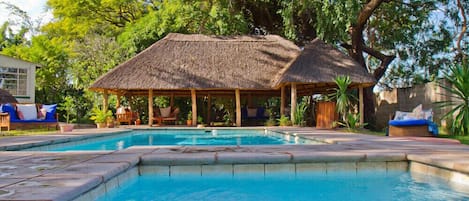 Outdoor pool, pool umbrellas, pool loungers