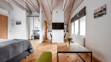Presidential Studio Suite, 1 Queen Bed with Sofa bed, River View | Desk, laptop workspace, soundproofing, iron/ironing board