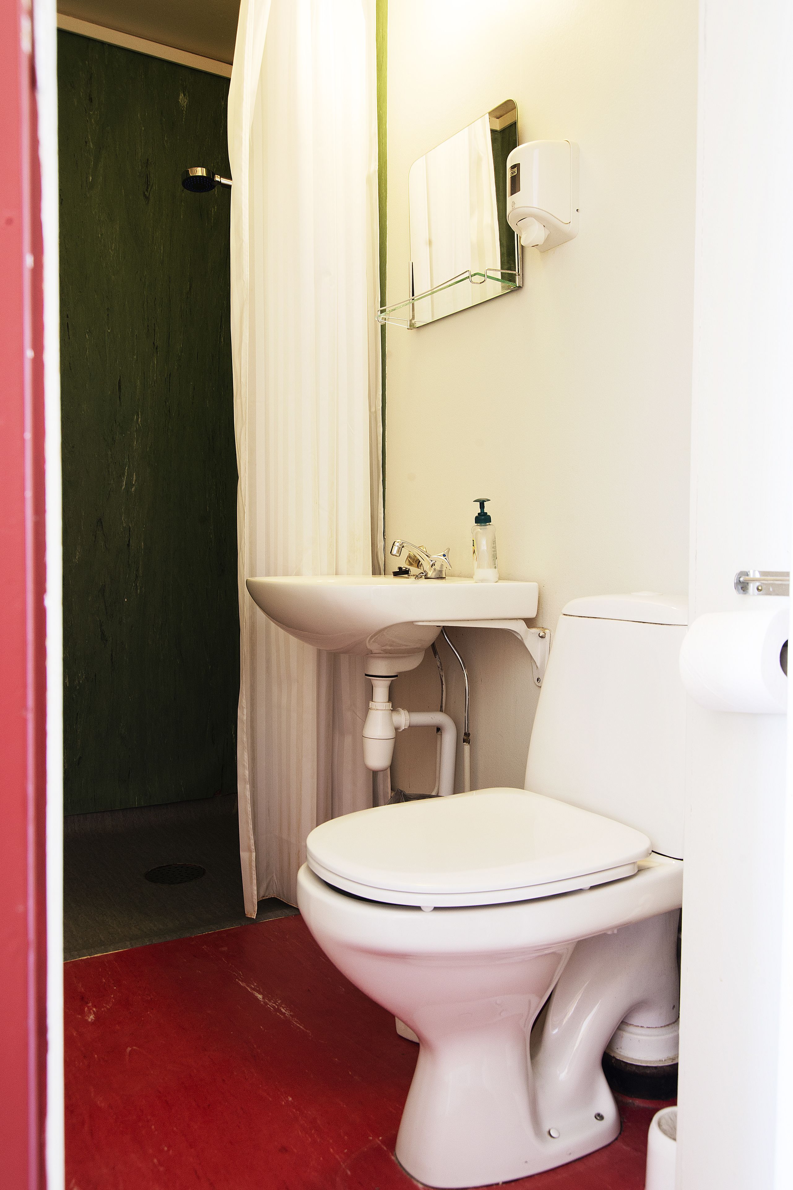 A bathroom with a white toilet, a sink, and a mirror.