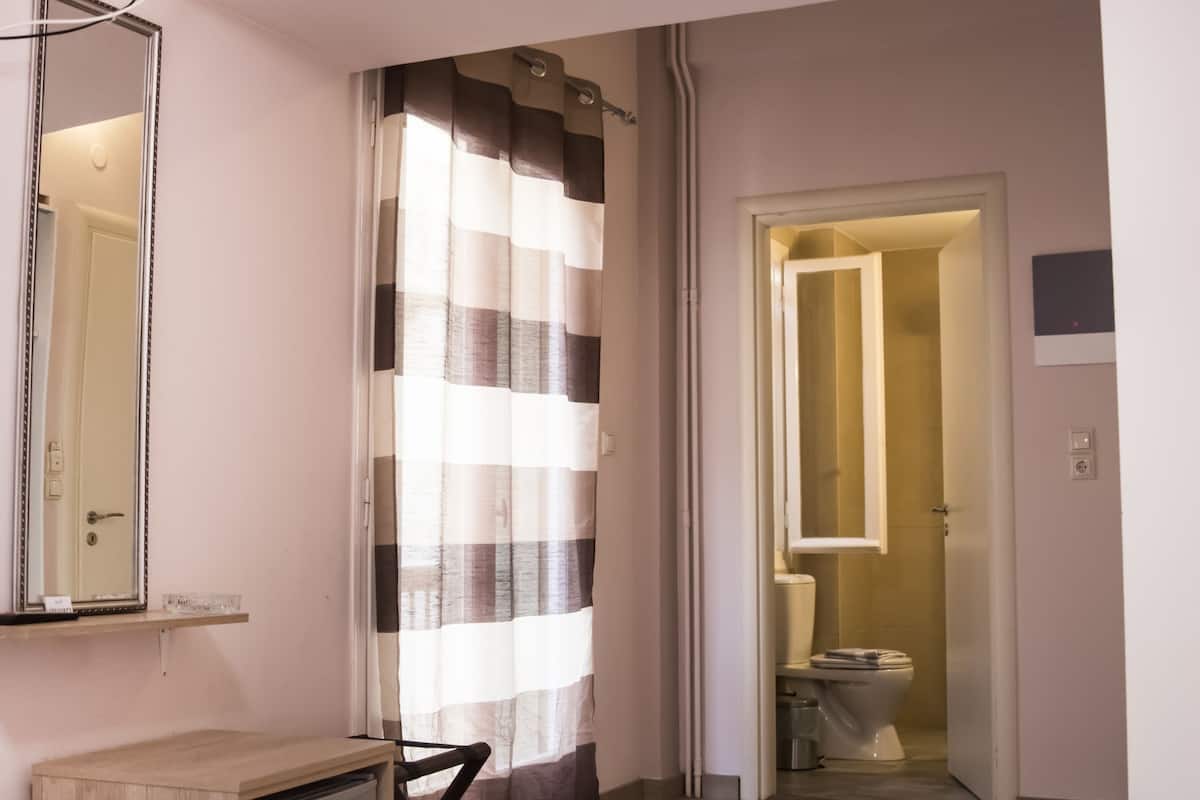 A bedroom with a bed, a bathroom with a shower curtain, and a hallway leading to another room.
