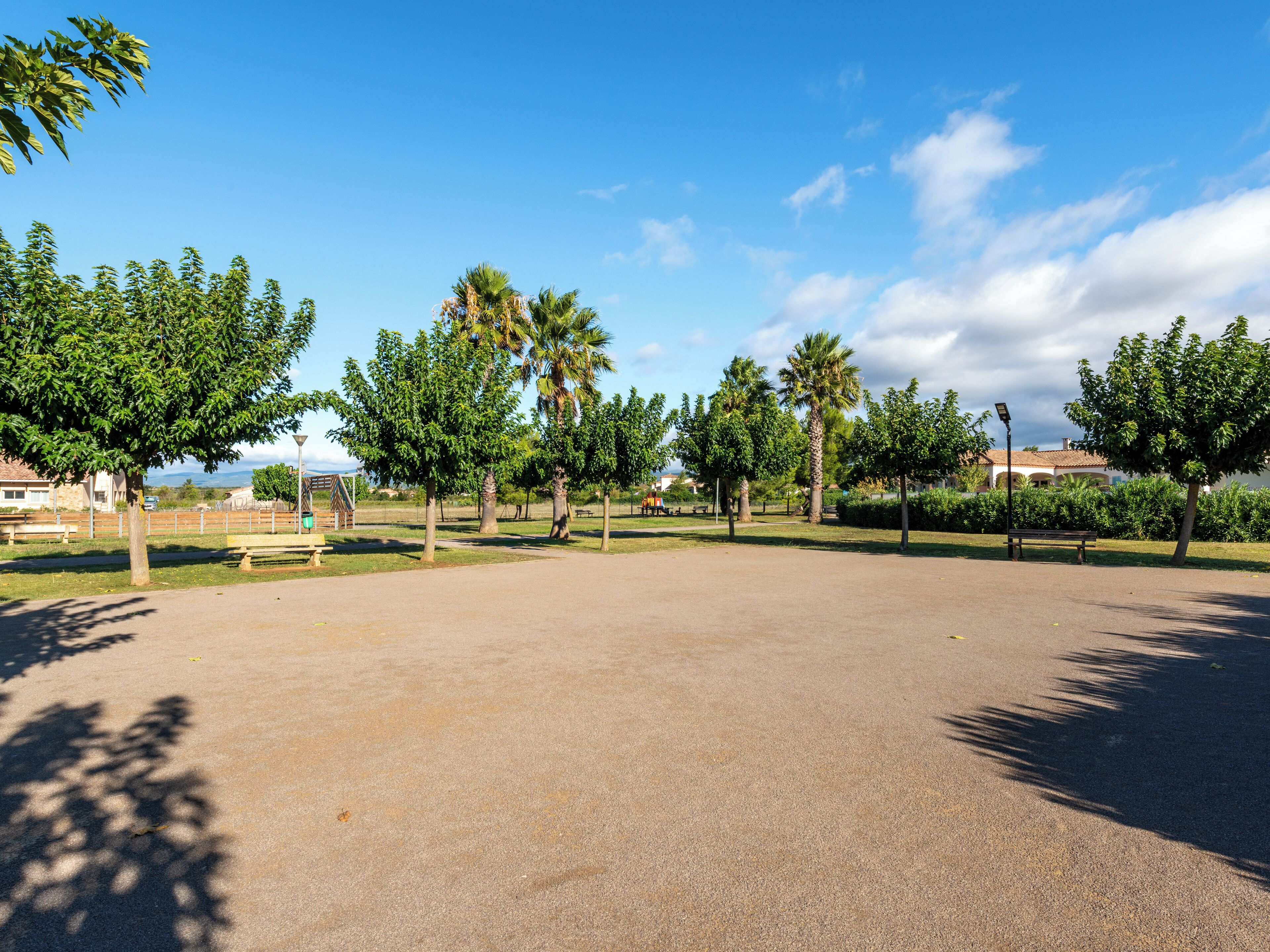 An open park area with benches and trees.