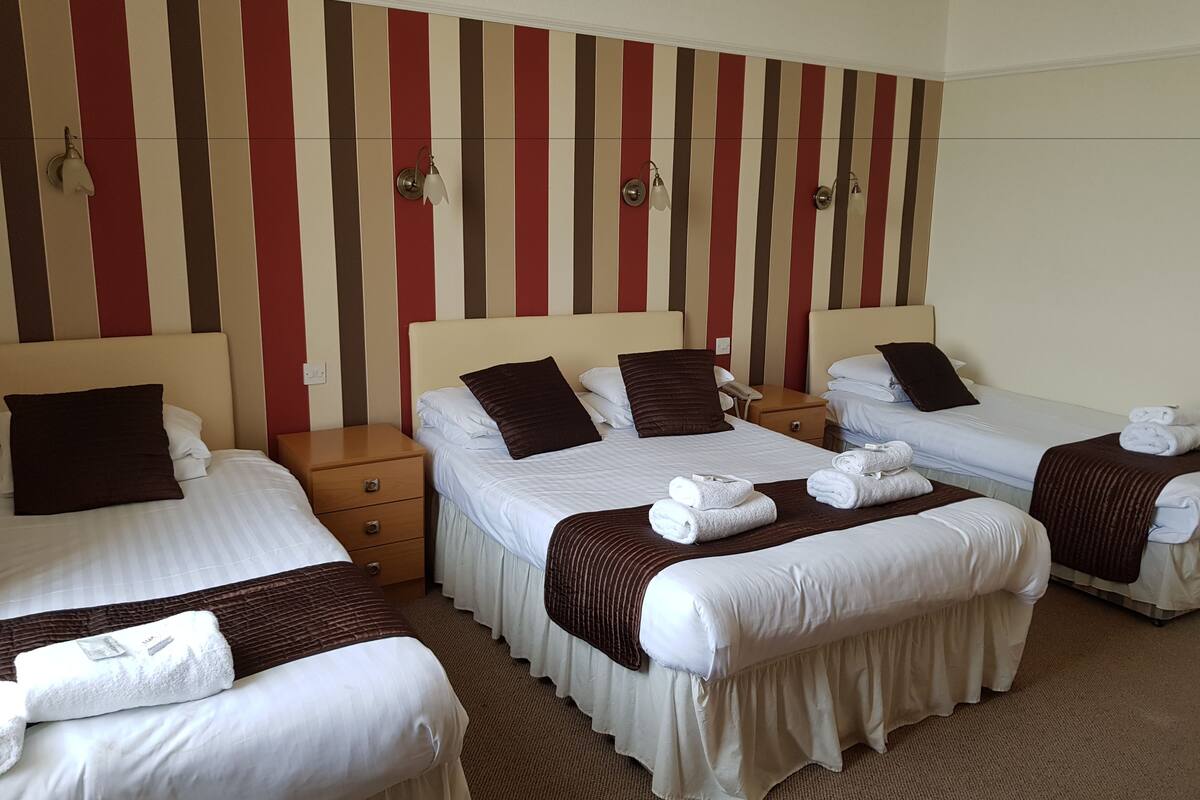 Een hotelkamer met drie bedden, elk voorzien van witte lakens en bruine hoofdeinden. Er staan nachtkastjes met lampen en een grote gestreepte muur achter de bedden.