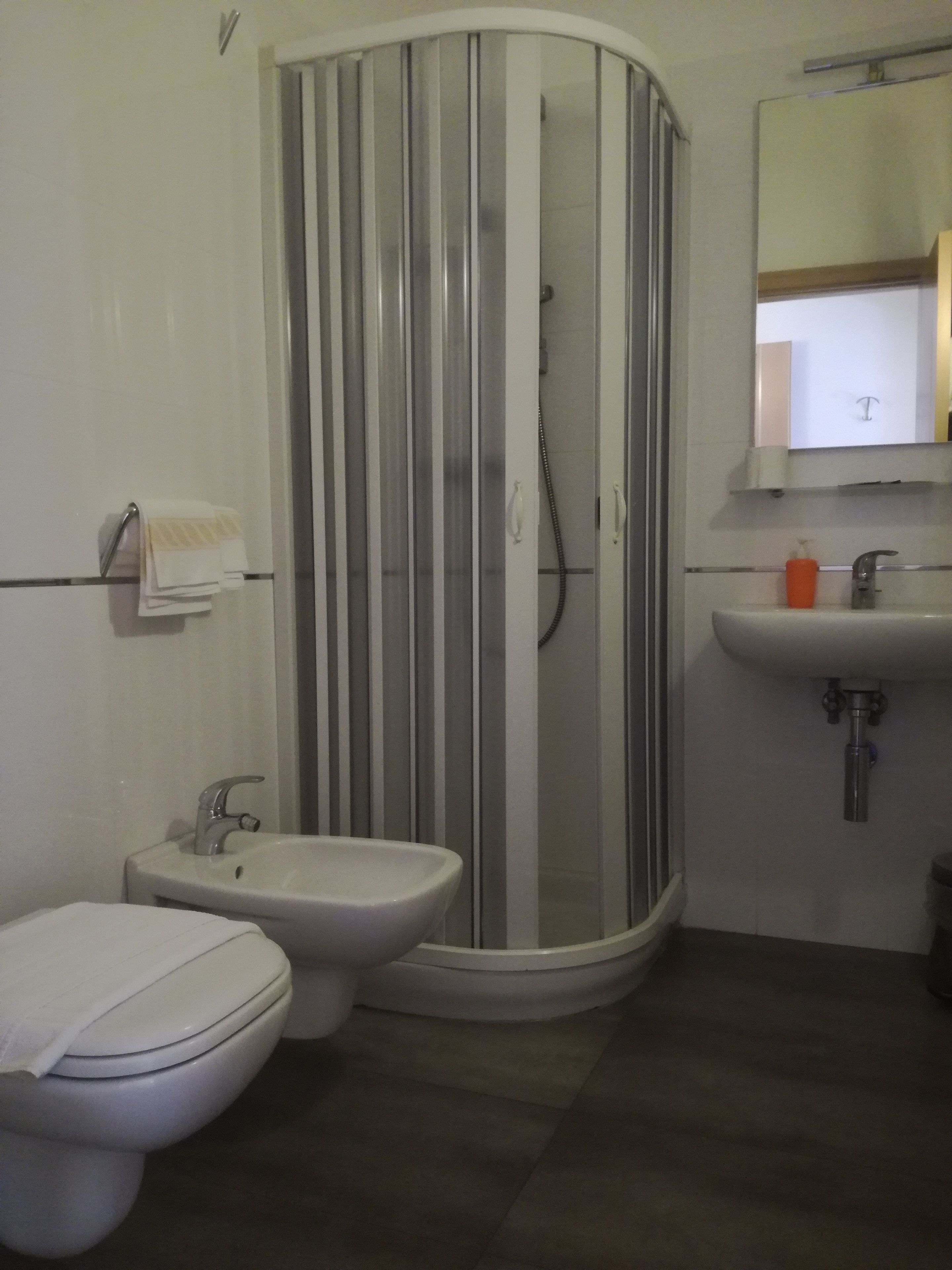 A bathroom with a shower enclosure, a sink, and a toilet.