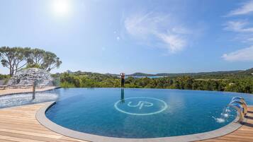 Alberca al aire libre por temporada y sombrillas en la alberca