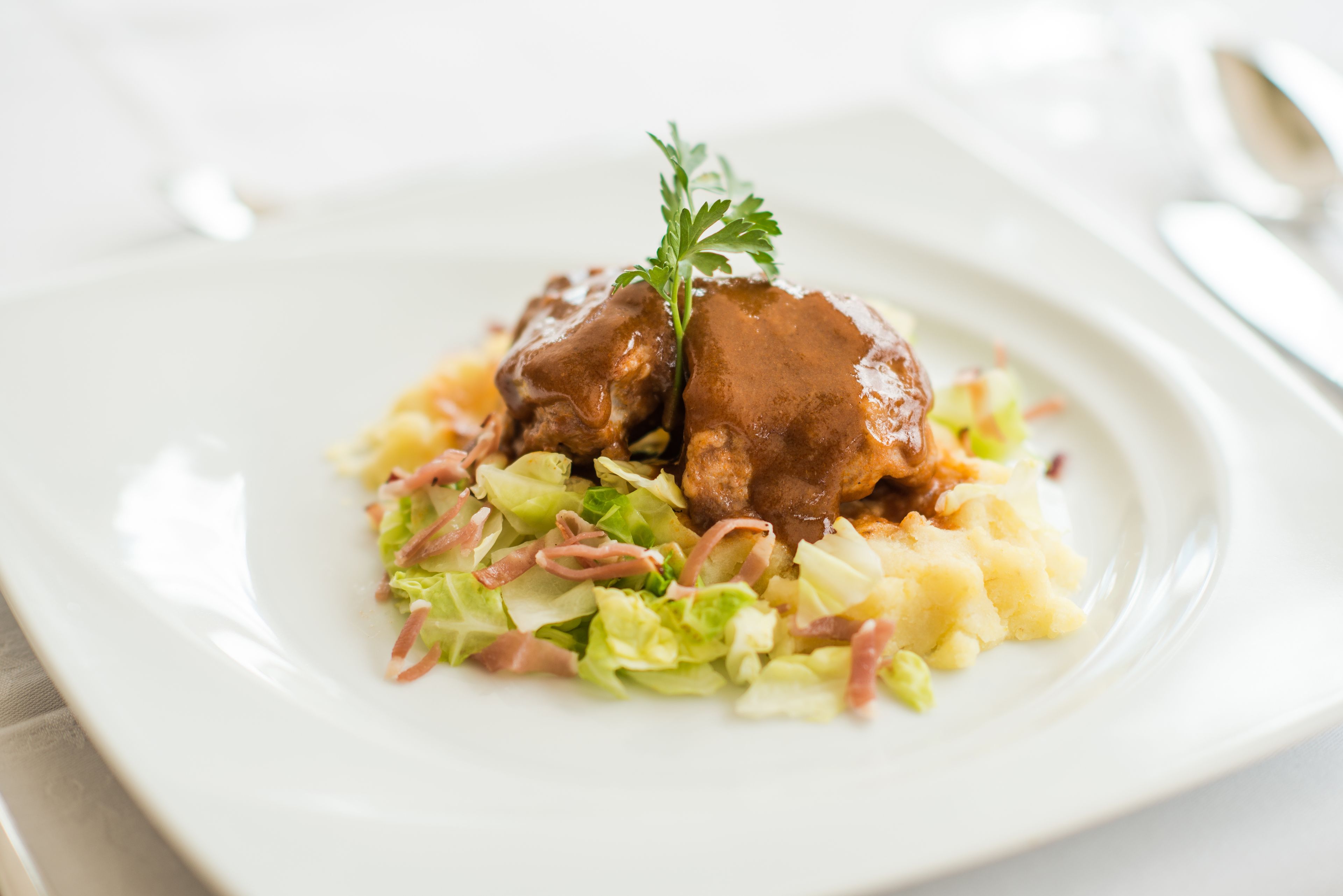 A plate with meat, mashed potatoes, and a garnish.