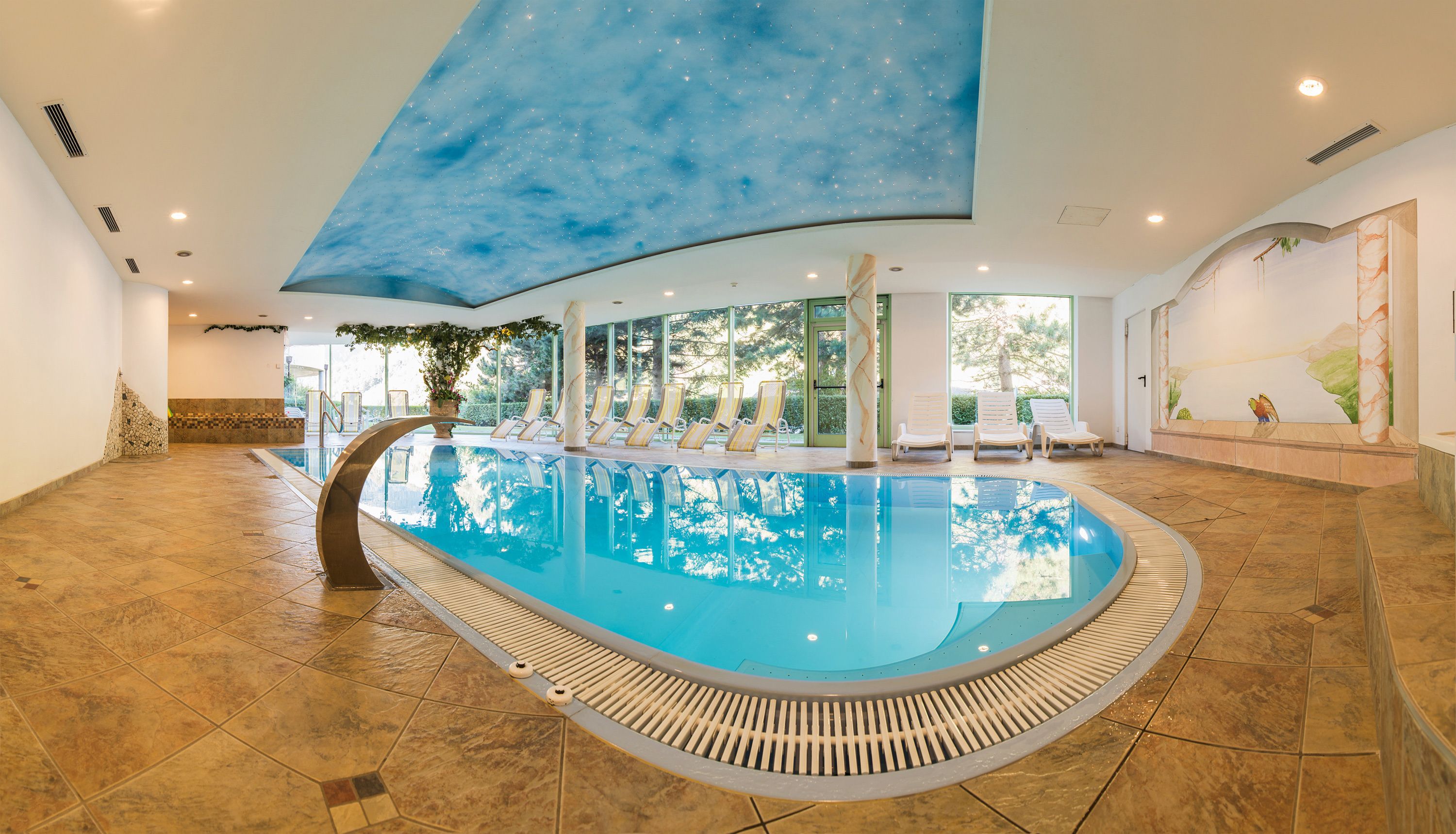 indoor pool, open 7 am to 7:30 pm, pool umbrellas, pool loungers