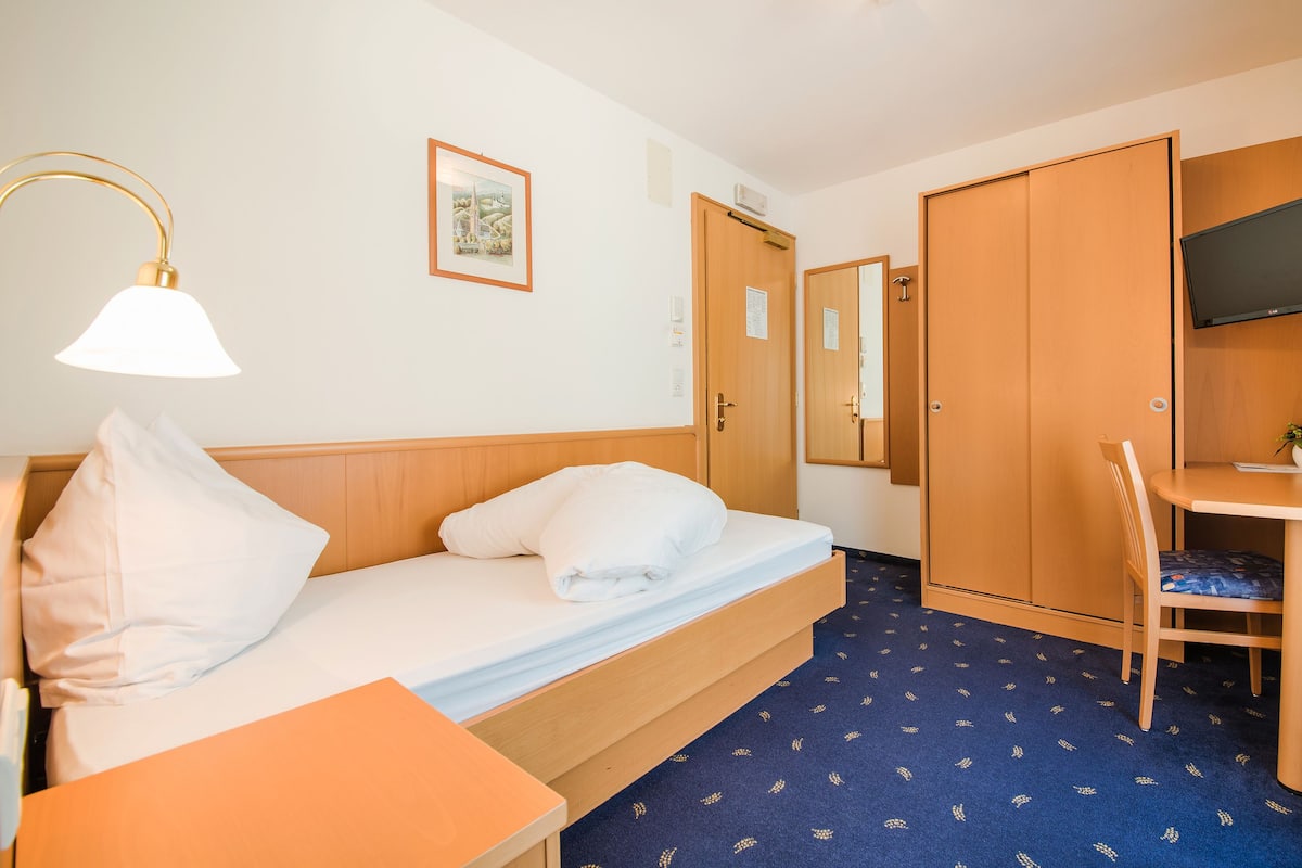 A hotel room with a bed, a desk, a chair, a TV, and a framed picture on the wall.