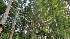 Une personne fait de la tyrolienne à travers une forêt, avec de grands arbres et une plateforme en bois.