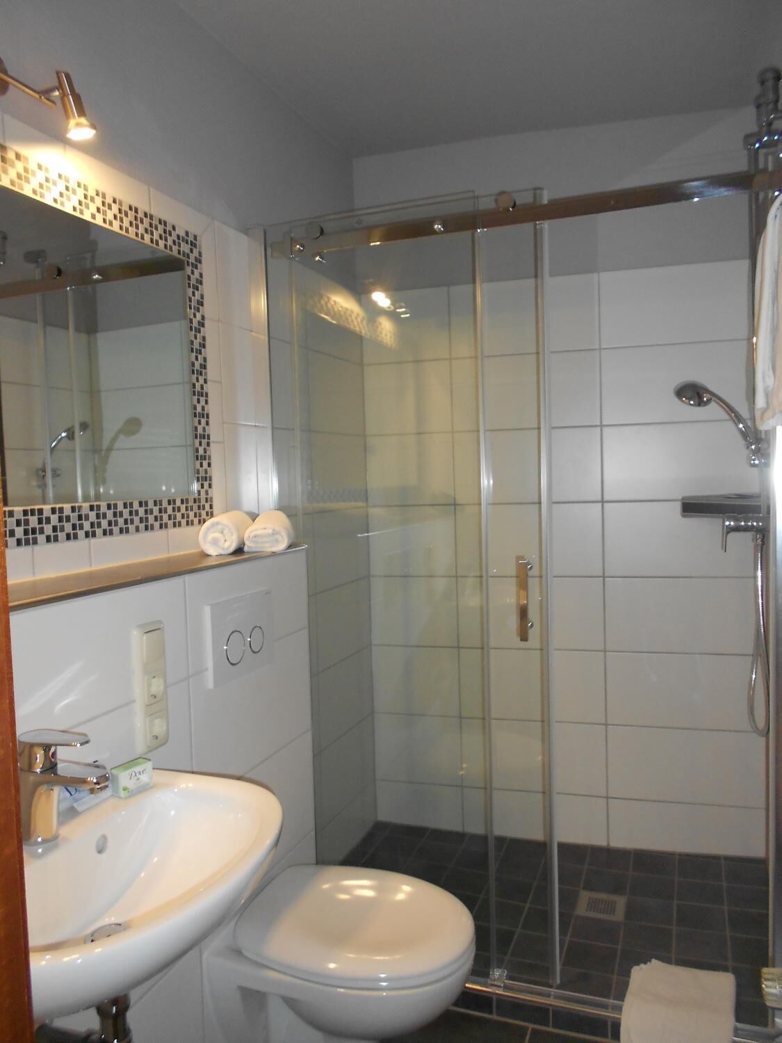 A modern bathroom with a glass-enclosed shower, a white sink, and a toilet.